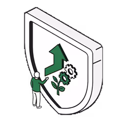 Person steht vor einem Schild mit einem aufsteigenden Pfeil, einer Blume und einem Zahnrad, die Wachstum und Entwicklung symbolisieren.